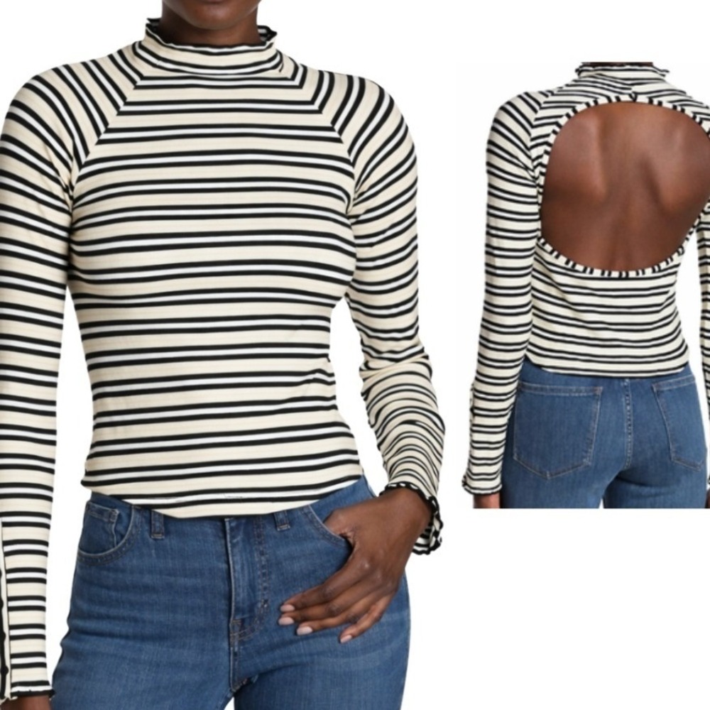 Free People NWT Womens Striped Mock Neck Open Back Ribbed Top Ivory Black Size M